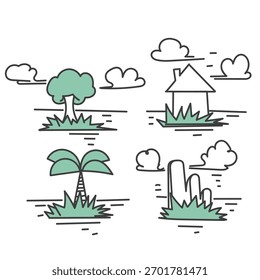 Dibujado a mano Doodle pequeña isla en el agua con la casa del árbol de roca y la colección de palma
