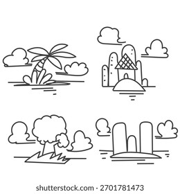 Dibujado a mano Doodle pequeña isla en el agua con la casa del árbol de roca y la colección de palma