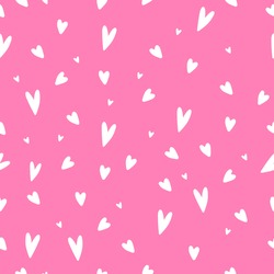 Hand Drawn Doodle Tiny White Hearts On Pink Background Seamless Pattern. Valentine`s Day Graphics For Postcards, Ads, Wrapping Paper
