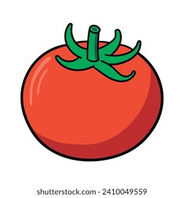 Hand drawn doodle tomato with leaf isolated on white background. Vector illustration.