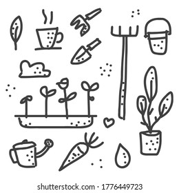 Hand drawn doodle tools for farming and gardening. Agriculture and farm equipments vector illustration