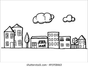 Ciudad del doodle dibujada a mano. Dibujo de objetos de lápiz negros. Ilustración de diseño para afiche, volante sobre fondo blanco.