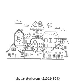 Hand drawn doodle town. Cute small houses. Black and white vector illustration.