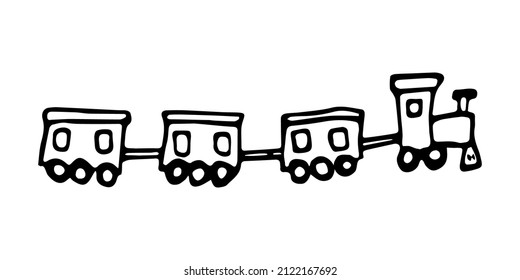 Hand drawn doodle toy steam locomotive. Vector children's train. Outline.