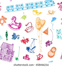 Hand drawn doodle toys seamless pattern. Colored objects, white background. Play, game, kids, children, child, poster, flyer, design.