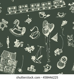 Hand drawn doodle toys seamless pattern. Chalk outlined objects, blackboard background. Play, game, kids, children, child, poster, flyer, design.