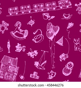 Hand drawn doodle toys seamless pattern. Light pink pen objects, deep pink background. Play, game, kids, children, child, poster, flyer, design.