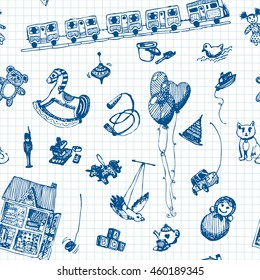 Hand drawn doodle toys seamless pattern. Blue pencil objects, notebook background. Play, game, kids, children, child, poster, flyer, design.