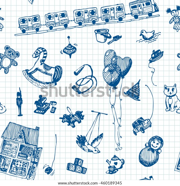 Hand drawn doodle toys seamless pattern. Blue\
pencil objects, notebook background. Play, game, kids, children,\
child, poster, flyer,\
design.