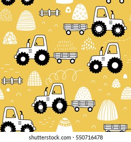 Hand Drawn Doodle Tractor Seamless Pattern