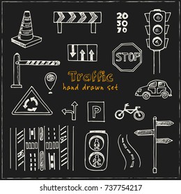 Hand drawn doodle traffic set. Vector illustration. Isolated elements on chalkboard background. Symbol collection. 