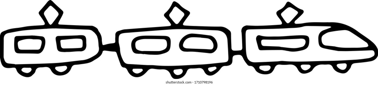 Hand drawn doodle train with three vans. Thick black outline. Funny sketch vector illustration isolated on white background.