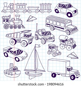 Hand drawn doodle transport toys set. Vector illustration. School notebook.