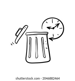 hand drawn doodle trash bin and clock icon illustration vector