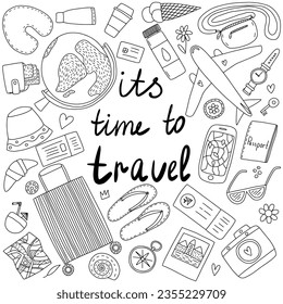 Handgezeichnete Dodle-Reiseelemente-Set. Vektorgrafik von Reiseartikelskizze. Globe, Flugzeug, Koffer, Ticket, Handy, Karte, Kompass, Uhr und Foto.