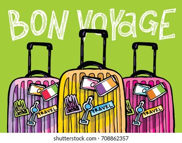 Hand drawn doodle travel illustration. Bon voyage. Go travel!