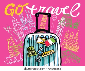 Hand drawn doodle travel illustration. Bon voyage. Go travel!