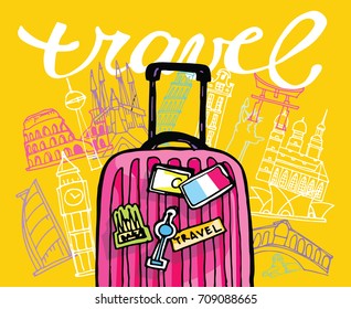 Hand drawn doodle travel illustration. Bon voyage. Go travel!