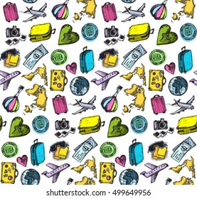 Hand drawn doodle travel pattern. Travel vector background. Vector illustration.
