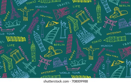 Hand drawn doodle travel pattern