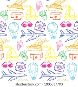 Hand drawn doodle travel set. Pattern with travel set