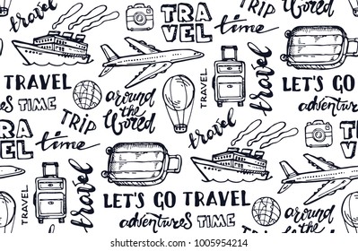 Hand drawn doodle travel set. Travel pattern