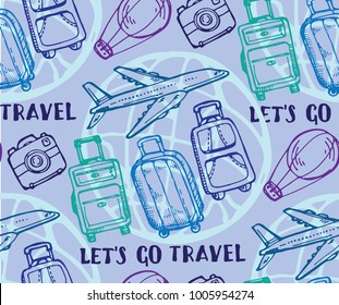 Hand drawn doodle travel set. Travel pattern