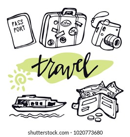 Hand drawn doodle travel set