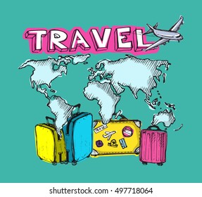 Hand drawn doodle travel vector set. Travel life illustration.