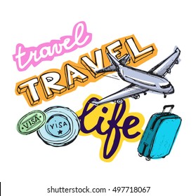 Hand drawn doodle travel vector set. Travel life illustration.