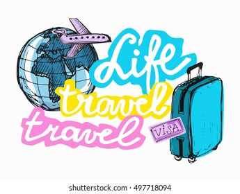 Hand drawn doodle travel vector set. Travel life illustration.