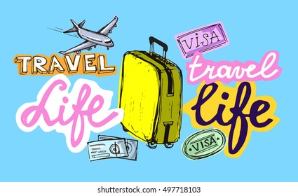 Hand drawn doodle travel vector set. Travel life illustration.