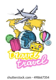 Hand drawn doodle travel vector set. Travel life illustration.