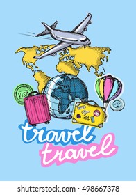 Hand drawn doodle travel vector set. Travel life illustration.