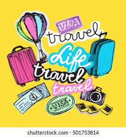 Hand drawn doodle travel vector set. Travel life illustration.