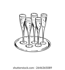 Hand drawn doodle tray with champagne glasses. Sparkling wine sketch vector illustration. Prosecco girly drawing. New year, Christmas, Valentines day, Birthday, bachelorette party romantic celebration