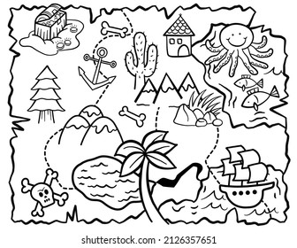 A hand drawn doodle treasure map in black and white line for kids to color.
