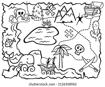 A Hand Drawn Doodle Treasure Map In Black And White Line For Kids To Color.
