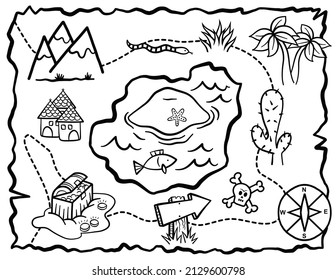 A hand drawn doodle treasure map in black and white line for kids to color.
