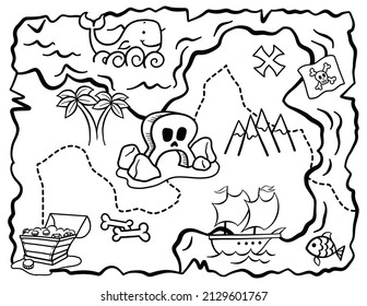 A hand drawn doodle treasure map in black and white line for kids to color.
