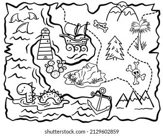 A hand drawn doodle treasure map in black and white line for kids to color.
