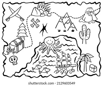 A Hand Drawn Doodle Treasure Map In Black And White Line For Kids To Color.
