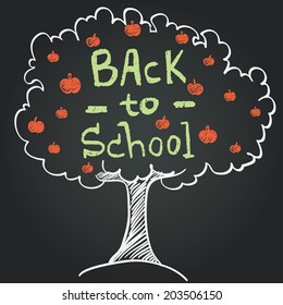 Hand drawn doodle tree with apples and place for a text on chalkboard background. Back to school hand written lettering.