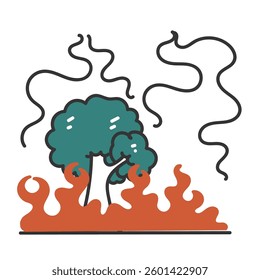 hand drawn doodle tree burned with fire illustration