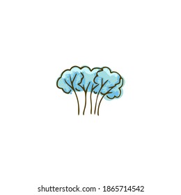 Hand drawn doodle tree, bush. Winter, covered in snow, light blue.