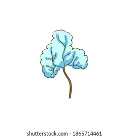 Árbol de doodles dibujado a mano. Invierno, cubierto de nieve, azul claro.