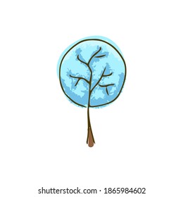 Árbol de doodles dibujado a mano. Invierno, cubierto de nieve, azul claro.