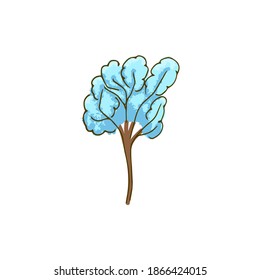 Hand drawn doodle tree. Winter, covered in snow, light blue.