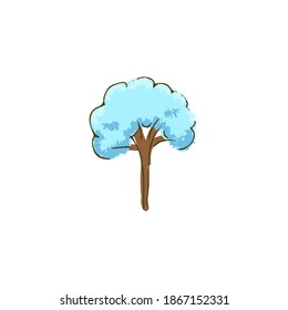 Hand drawn doodle tree. Winter, covered in snow, light blue.