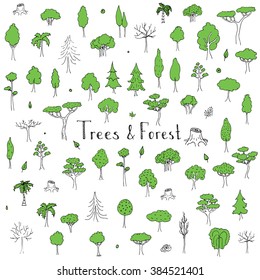 Hand drawn doodle Trees and Forest set. Vector illustration Plant icons Forest concept elements. Isolated silhouette nature symbols collection. Clipart design. Leaf Fir Ever green Branch Stump